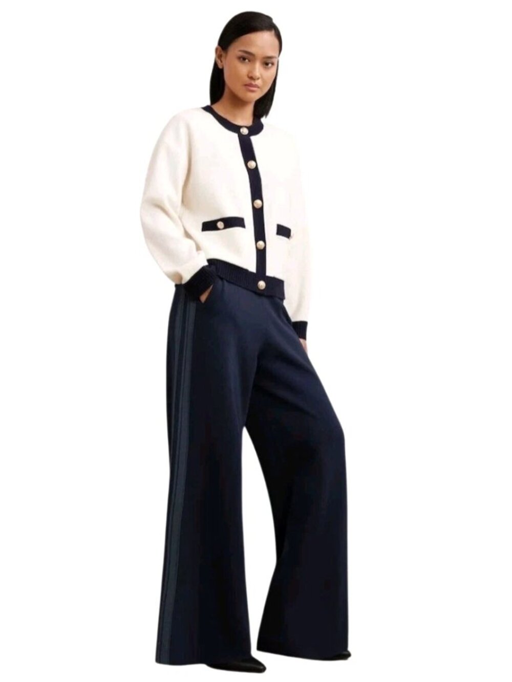 Reiss Womens Pants Size Medium Navy Blue Knitted Side Stripe Wide Leg Trousers